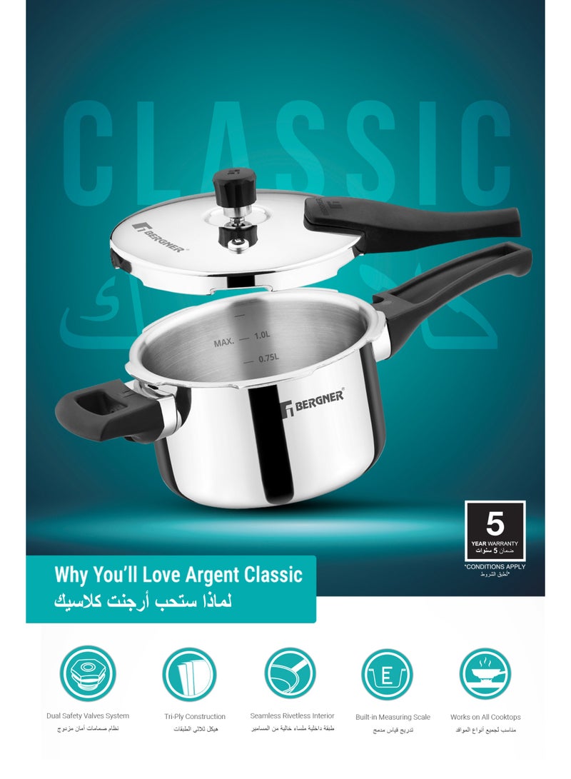 BERGNER 1.5Liters Bergner Argent Classic 1.5L Triply Stainless Steel Mini Pressure Cooker Pan with Outer Lid, Resettable Safety Valve, Sturdy Handle, Fast & Even Healthy Cooking, Durable, Induction & Gas Compatible silver - Image 4